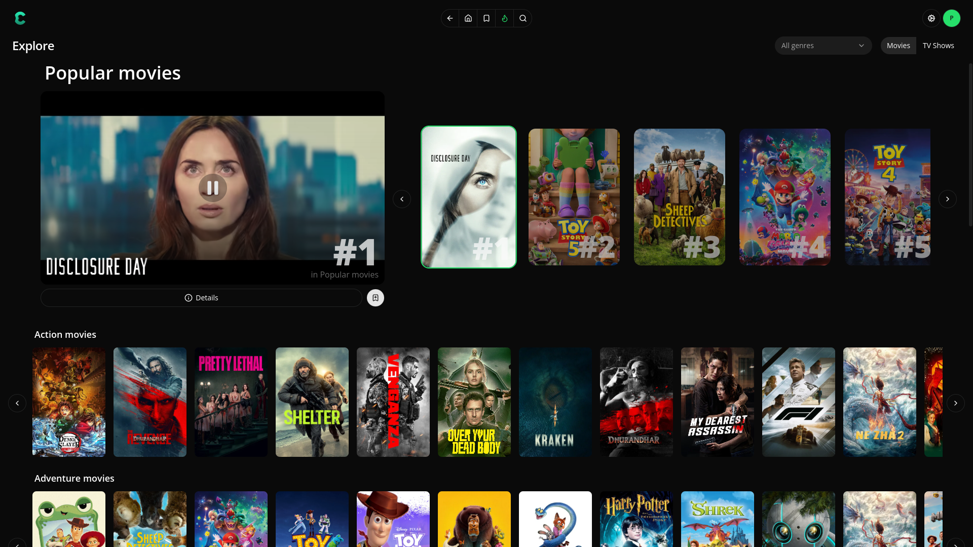 Cove explore page with popular movies and genre rows